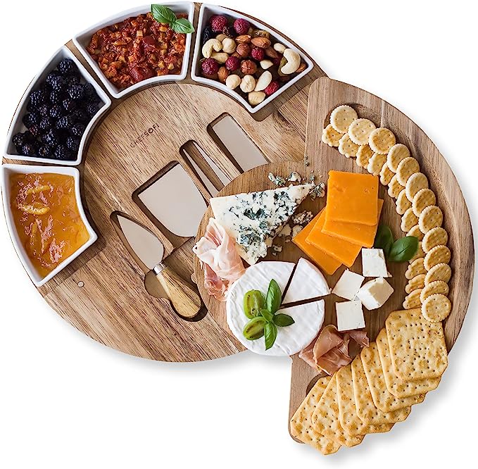 Cheese Board Set-Cheese Board Set - Charcuterie Board Set and Cheese Serving Platter - Made from Acacia Wood - US Patented 13 inch Cheese Cutting Board and Knife Set for Entertaining and Serving - 4 Knives and 4 Bowls