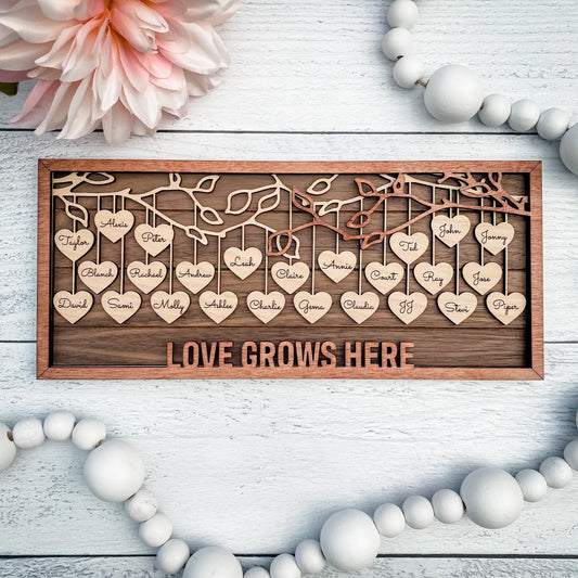 Custom Family Tree Frame, Wooden Hanging Hearts Mother's Day Frame, Custom Family Gift, Grandparent Gift, Add PETS TOO!
